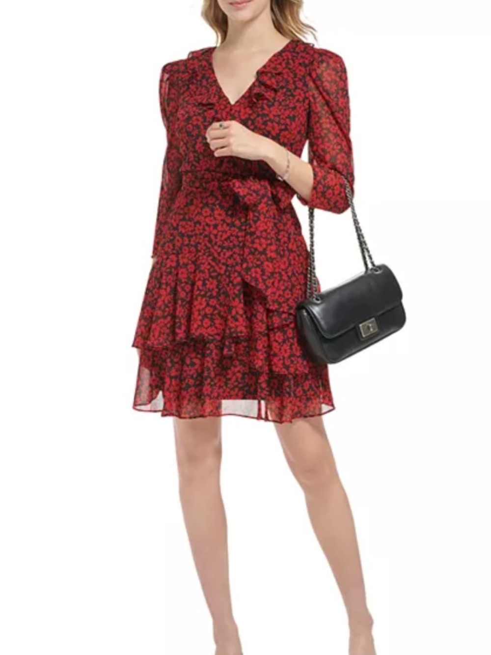 Karl Lagerfeld Red Floral Ruffle V-Neck Women’s Dress 8